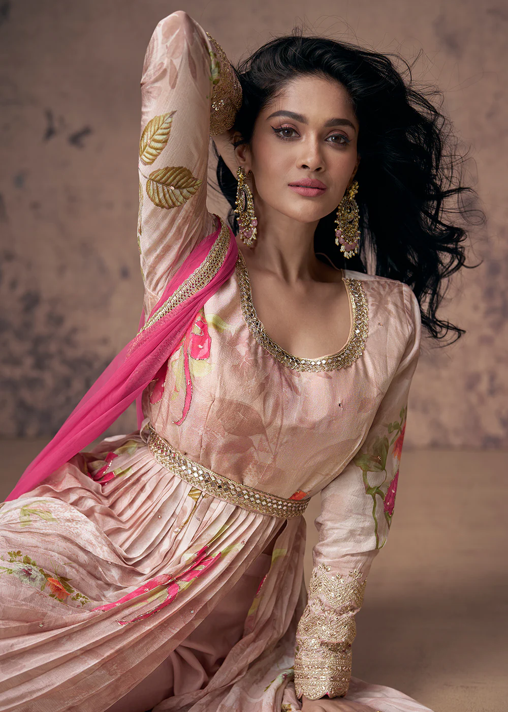 Digital Printed & Zari Embroidered Anarkali Suit in Pink - Image 2