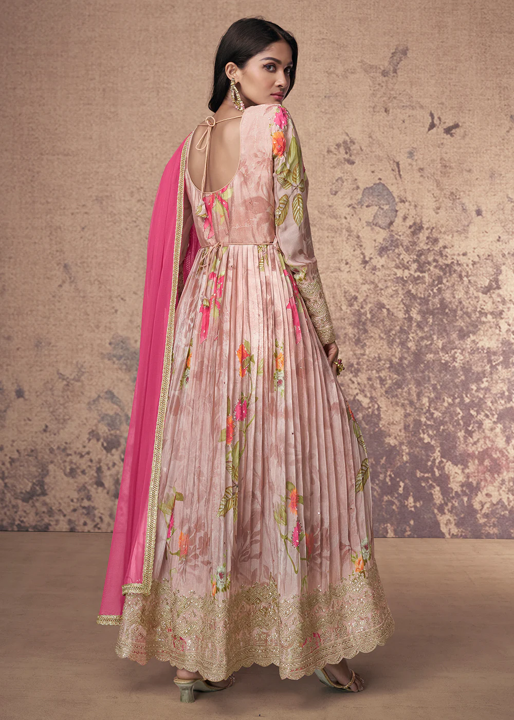 Digital Printed & Zari Embroidered Anarkali Suit in Pink - Image 3