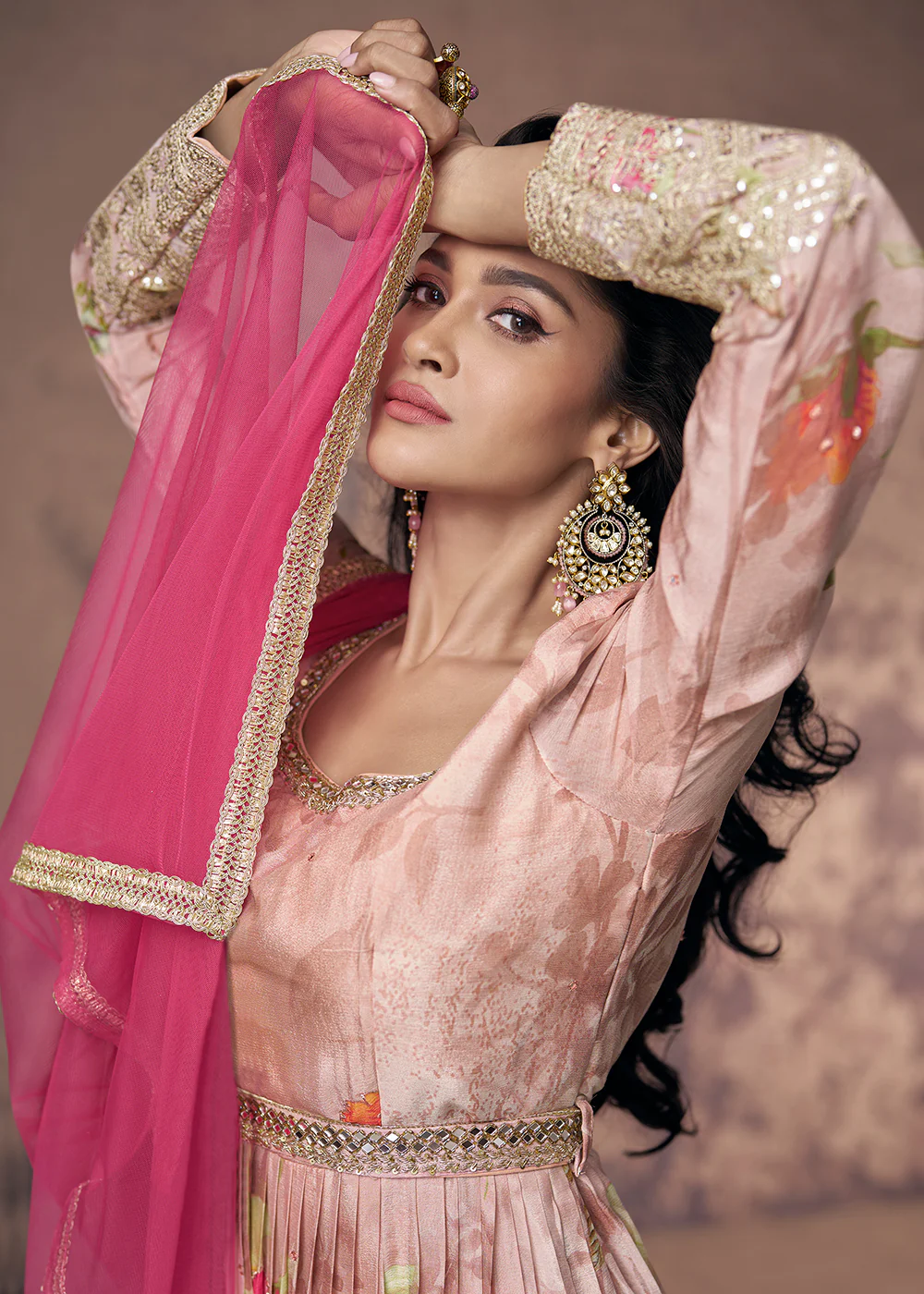 Digital Printed & Zari Embroidered Anarkali Suit in Pink - Image 4