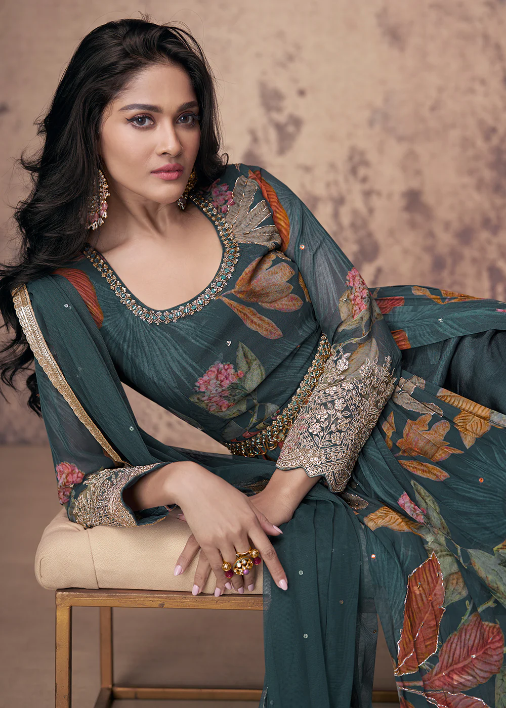 Digital Printed & Zari Embroidered Anarkali Suit in Teal - Image 2