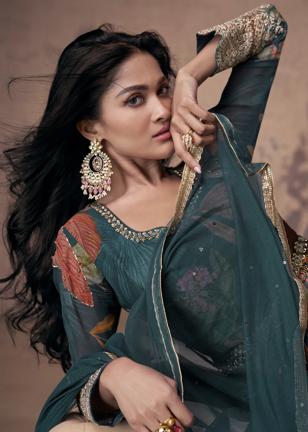 Digital Printed & Zari Embroidered Anarkali Suit in Teal - Image 4