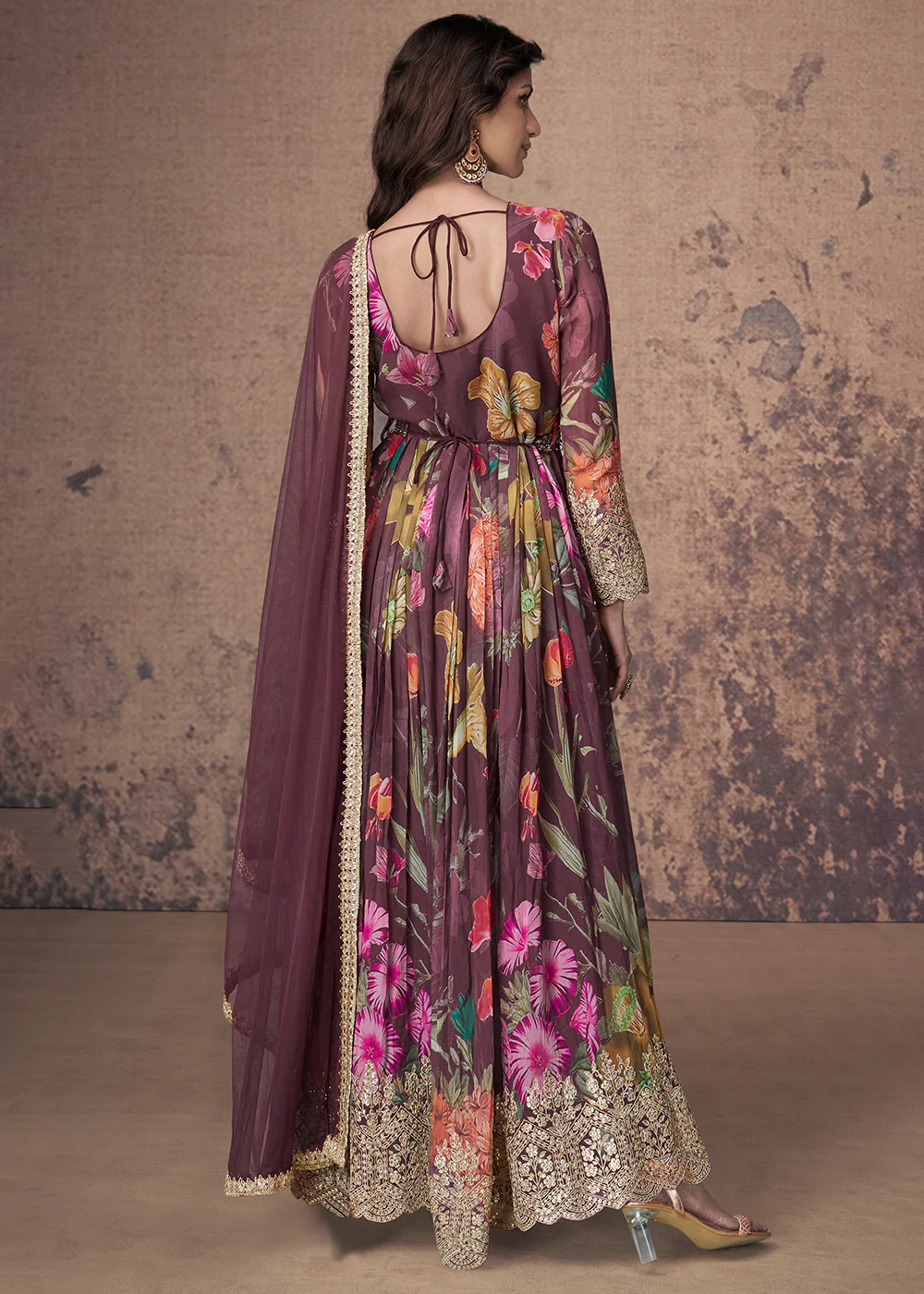 Digital Printed & Zari Embroidered Anarkali Suit in Wine - Image 3