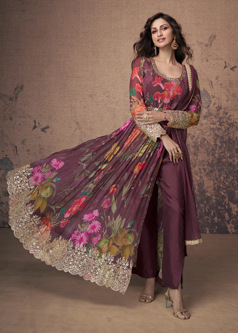 Digital Printed & Zari Embroidered Anarkali Suit in Wine - Image 4