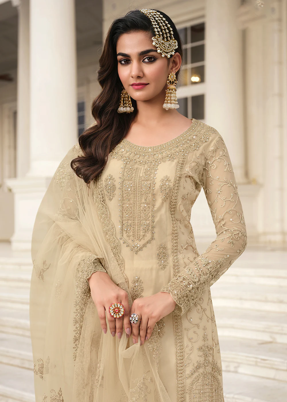 Divine Off White & Gold Embroidered Pant Style Salwar Suit - Image 2