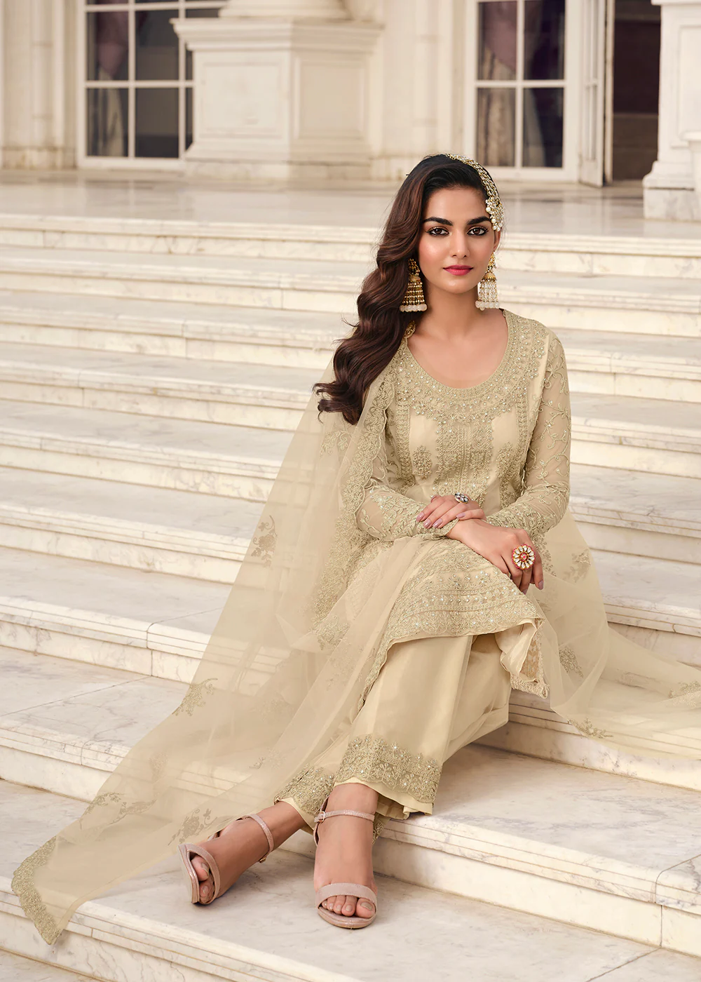 Divine Off White & Gold Embroidered Pant Style Salwar Suit - Image 3