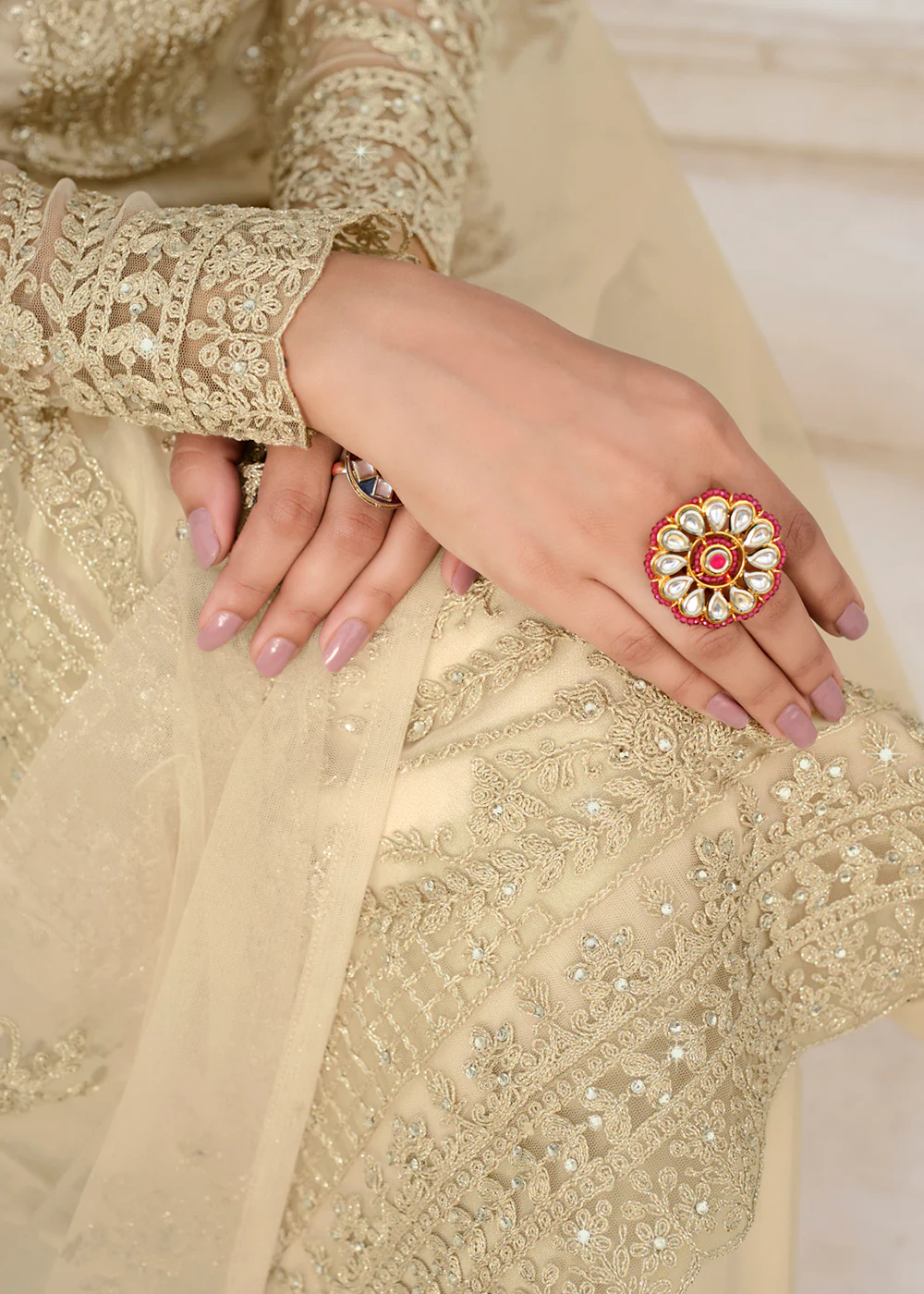 Divine Off White & Gold Embroidered Pant Style Salwar Suit - Image 5