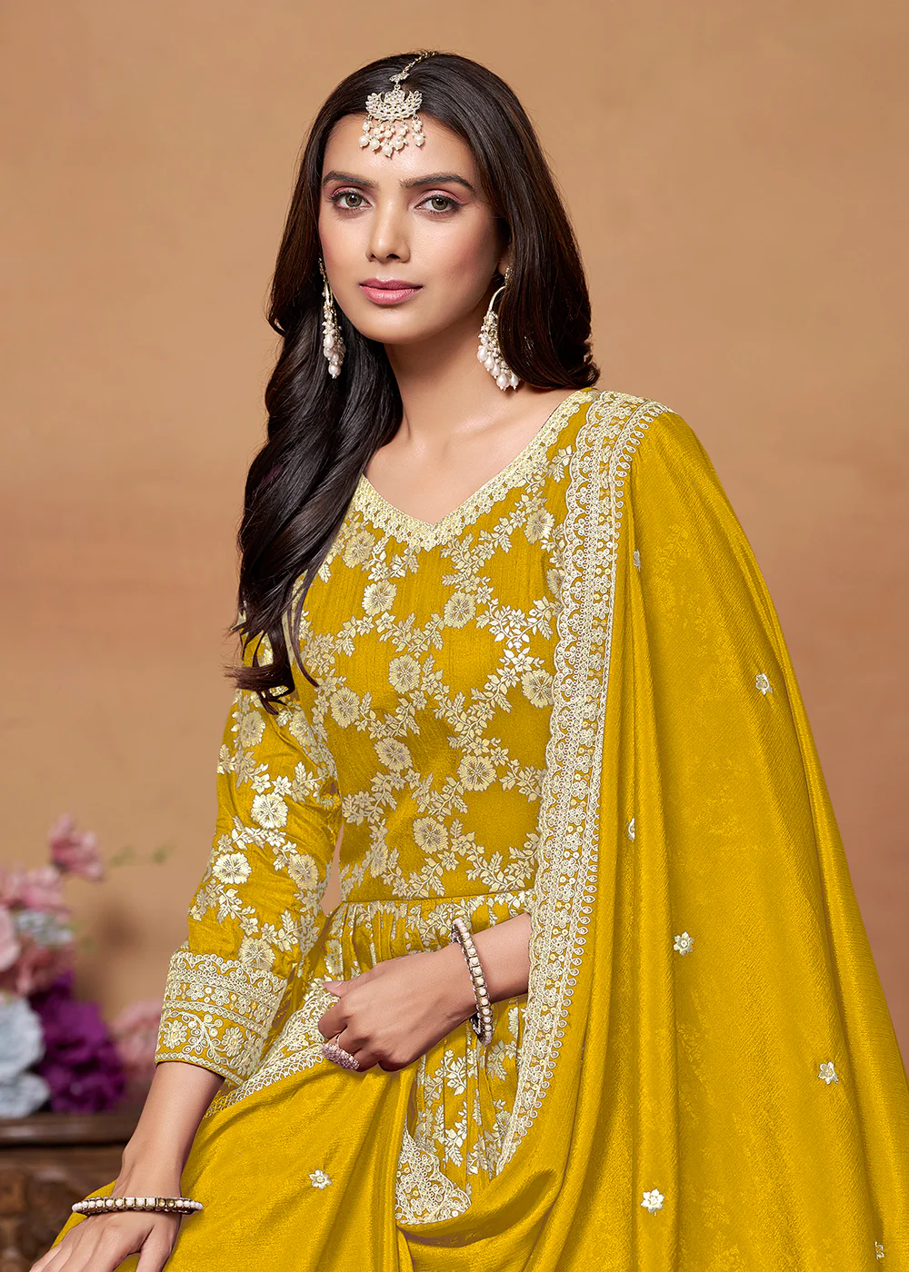 Dola Jacquard Mustard Embroidered Festive Anarkali Suit - Image 2