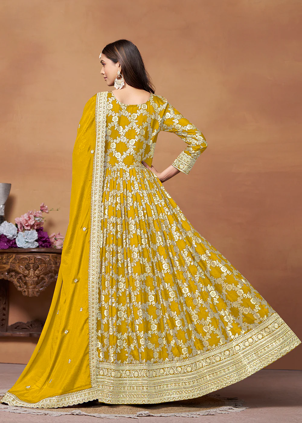 Dola Jacquard Mustard Embroidered Festive Anarkali Suit - Image 3