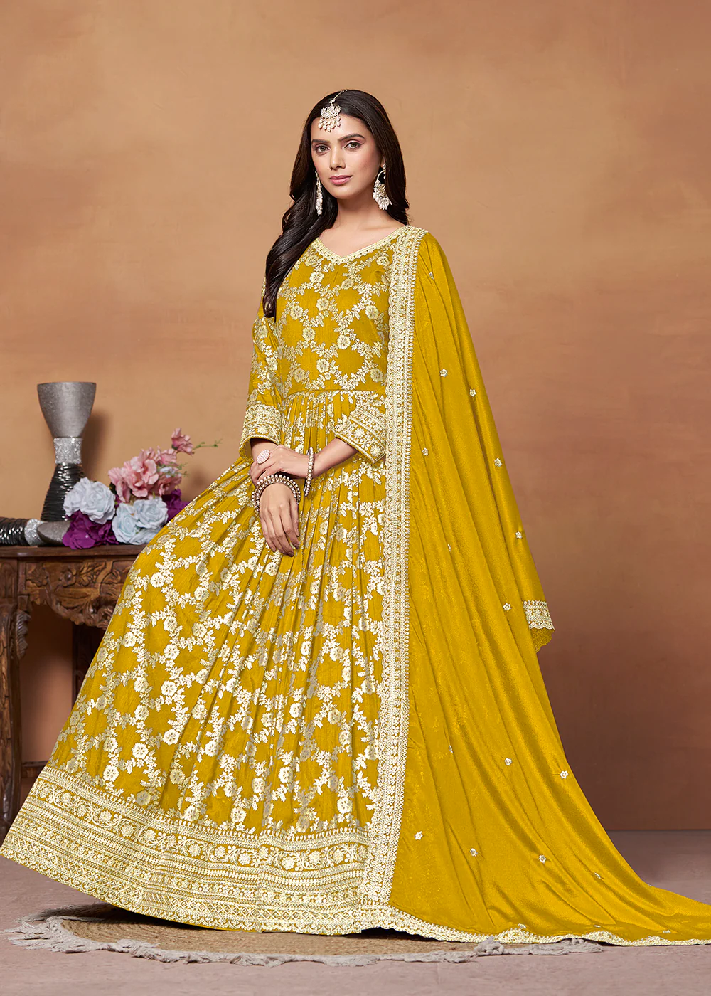 Dola Jacquard Mustard Embroidered Festive Anarkali Suit - Image 4