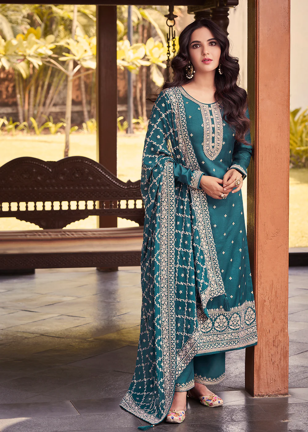 Dola Silk Charming Turquoise Embroidered Festive Salwar Suit - Image 3
