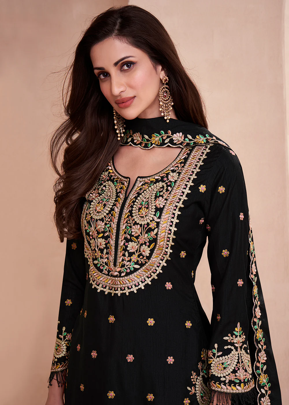 Dola Silk Pleasing Black Embroidered Designer Palazzo Suit - Image 2