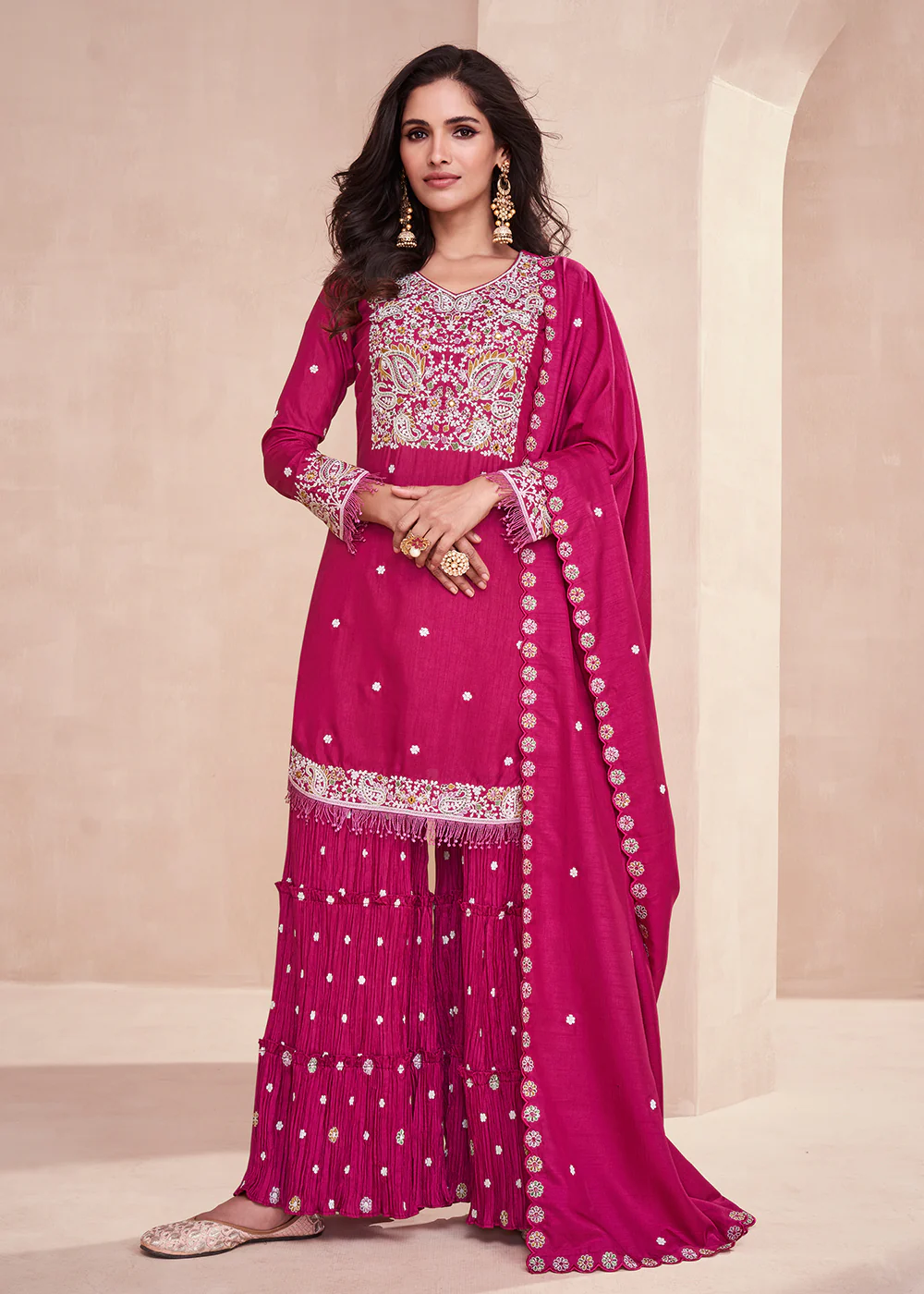 Dola Silk Pleasing Pink Embroidered Designer Palazzo Suit