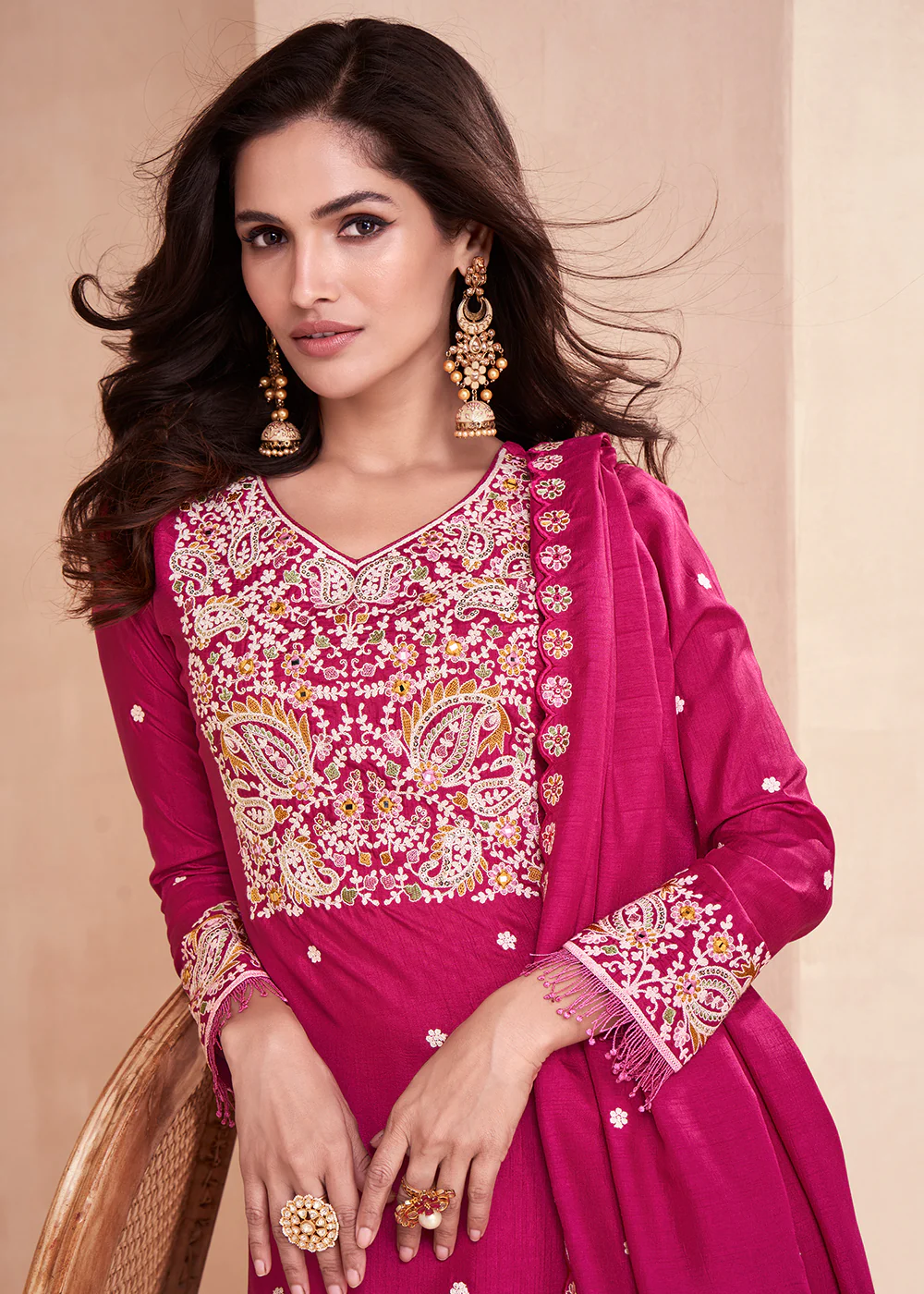 Dola Silk Pleasing Pink Embroidered Designer Palazzo Suit - Image 2