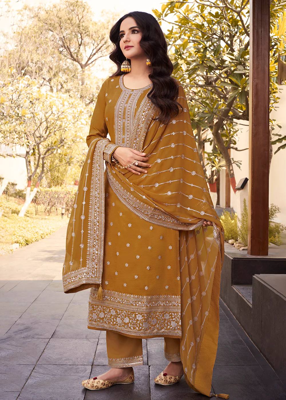 Dola Silk Pretty Mustard Embroidered Festive Salwar Suit