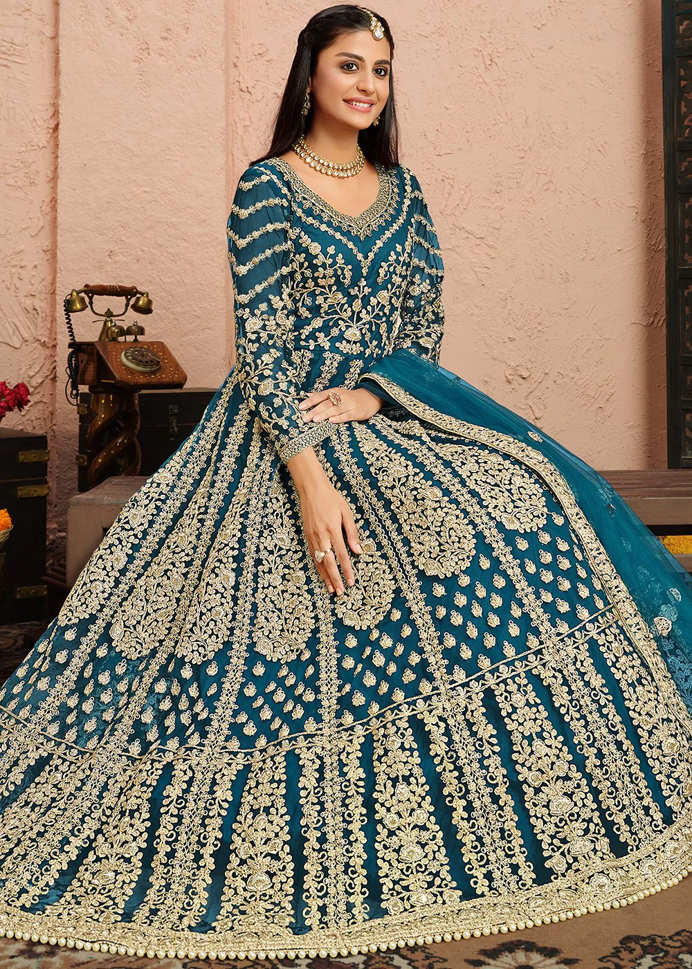 Dori Embroidered Blue Abaya Style Anarkali Suit - Image 3