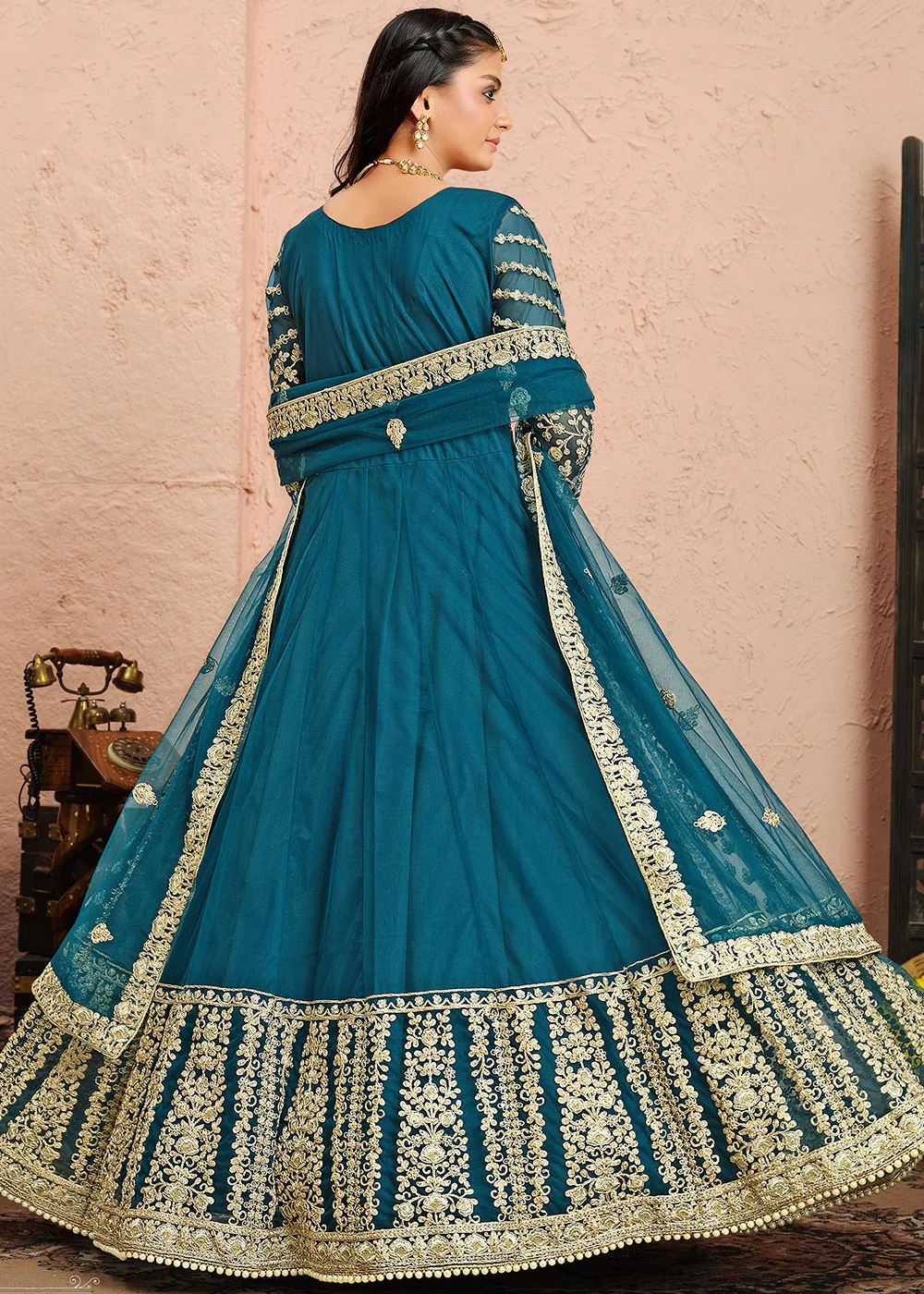 Dori Embroidered Blue Abaya Style Anarkali Suit - Image 4