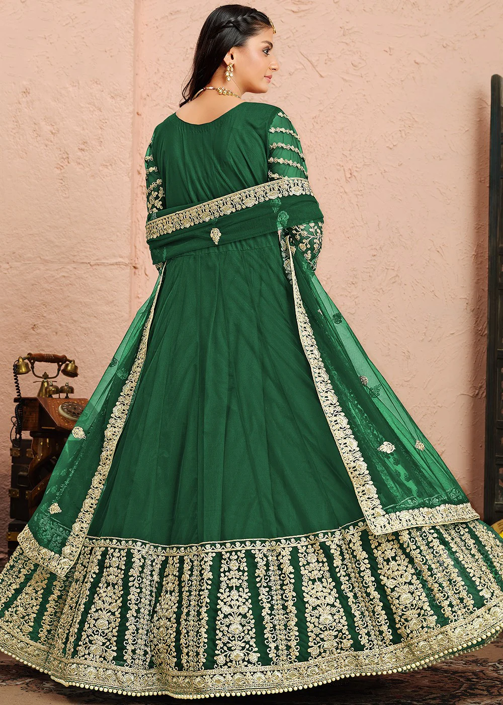 Dori Embroidered Green Abaya Style Anarkali Suit - Image 3