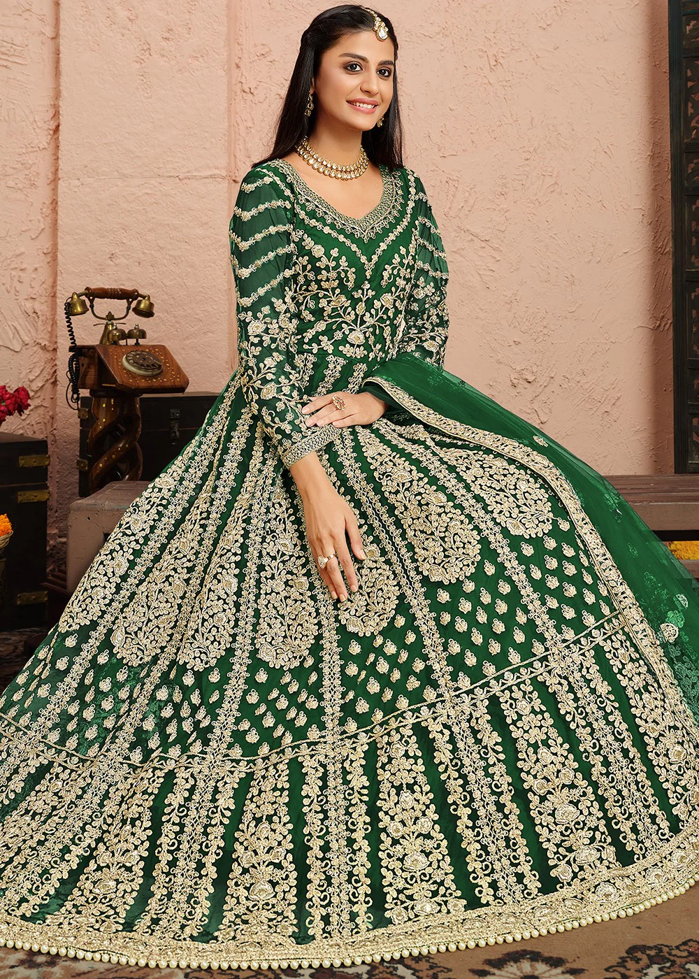 Dori Embroidered Green Abaya Style Anarkali Suit - Image 4