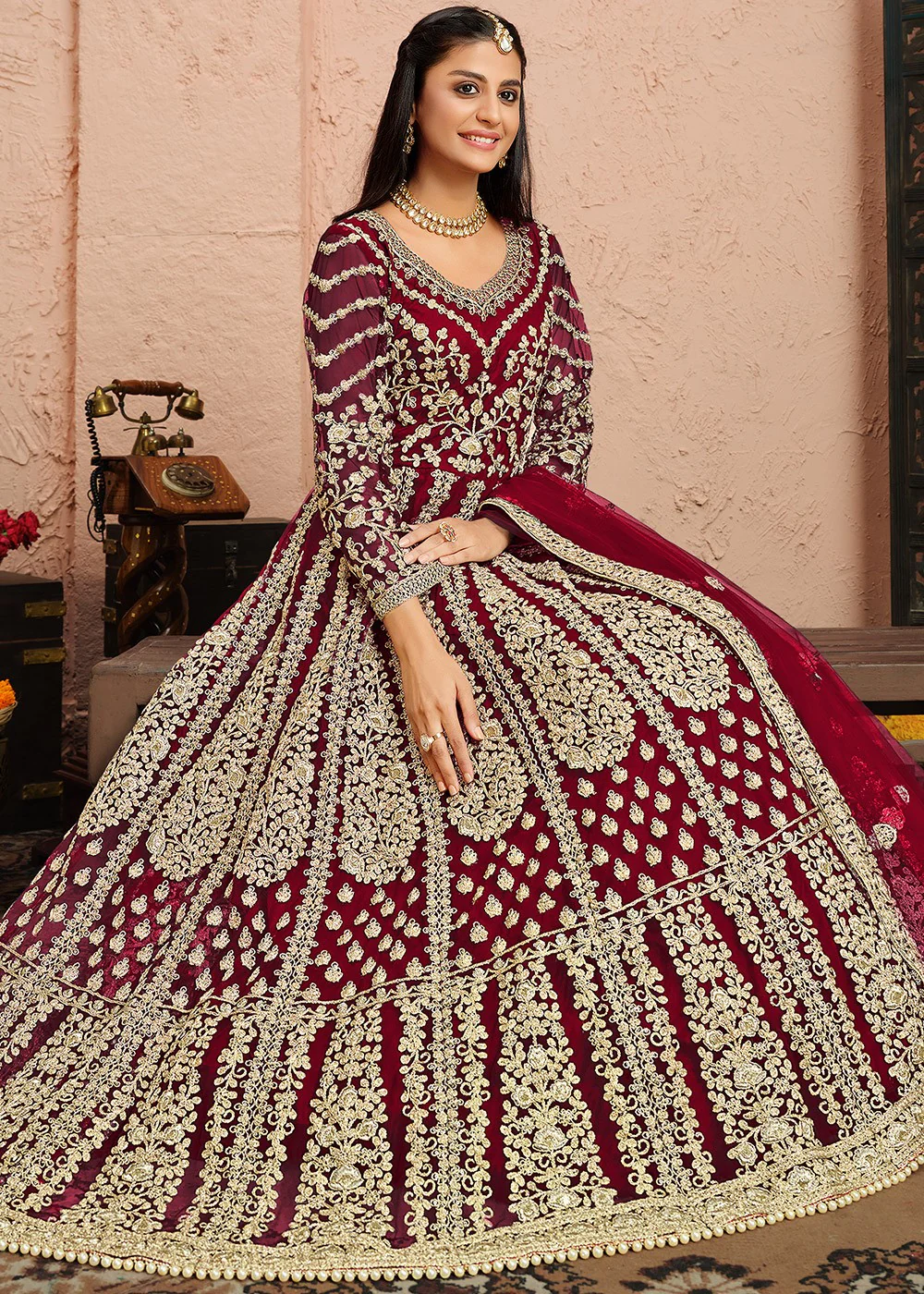 Dori Embroidered Magenta Abaya Style Anarkali Suit - Image 3