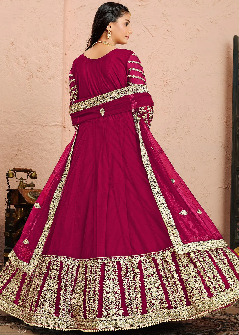 Dori Embroidered Magenta Abaya Style Anarkali Suit - Image 4