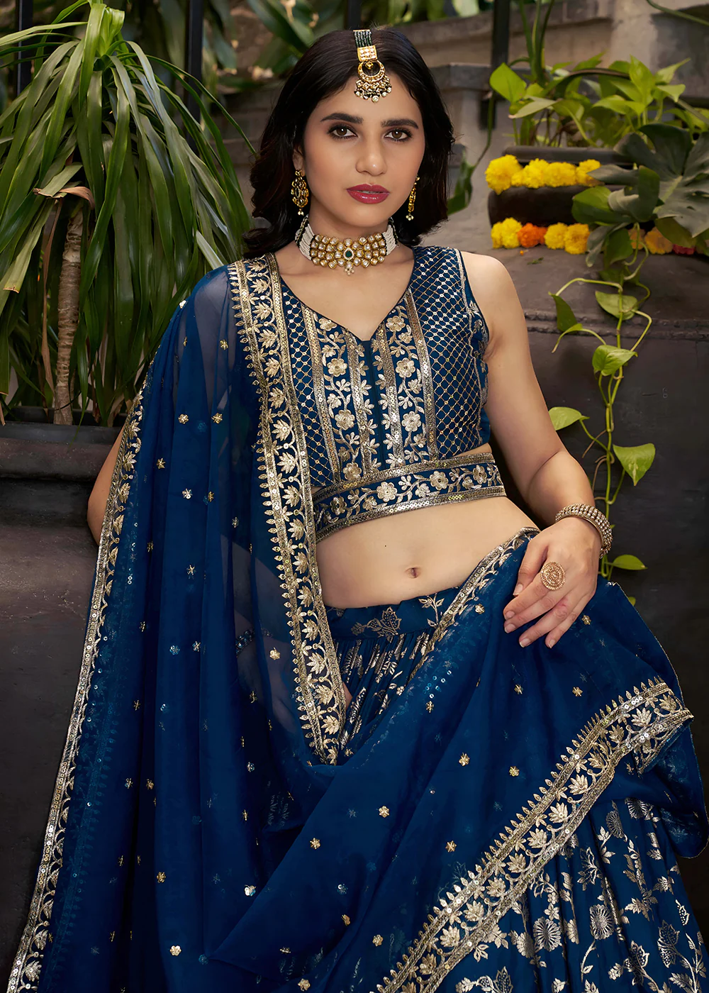 Dove Blue Dola Silk Jacquard Festive Party Lehenga Choli - Image 2
