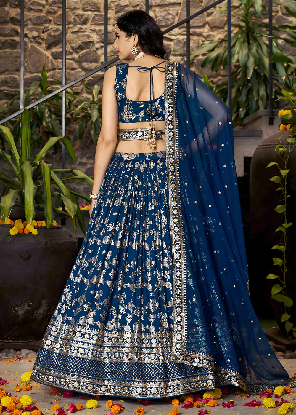 Dove Blue Dola Silk Jacquard Festive Party Lehenga Choli - Image 3