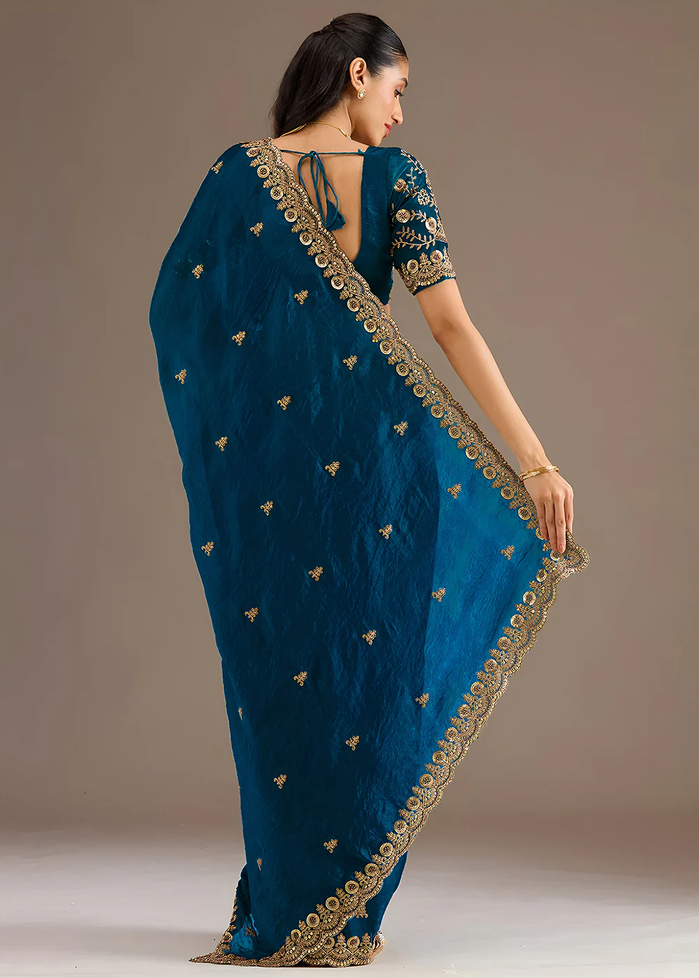 Dove Blue Multiple Sequins Embroidered Wedding Saree - Image 3