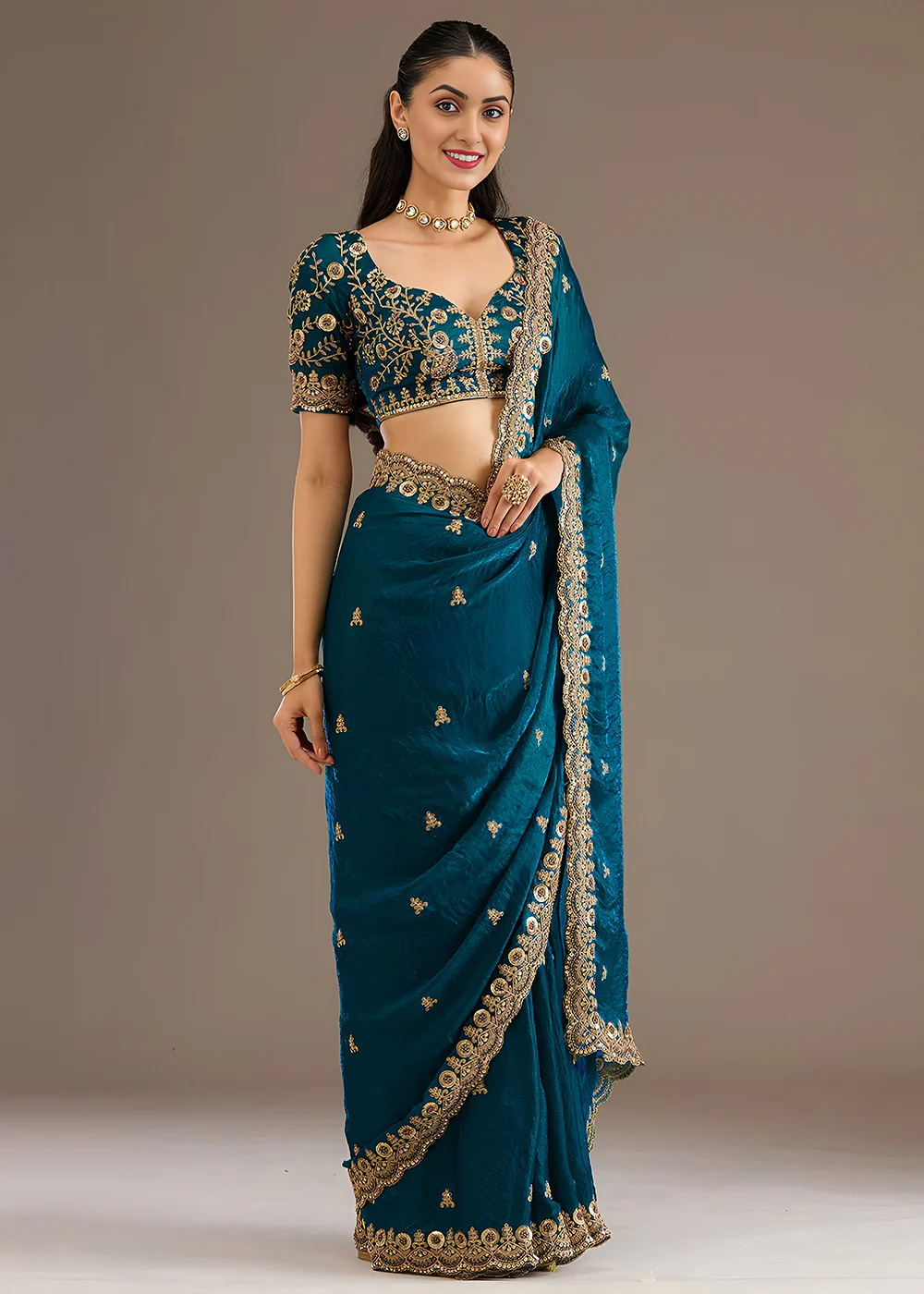 Dove Blue Multiple Sequins Embroidered Wedding Saree - Image 4