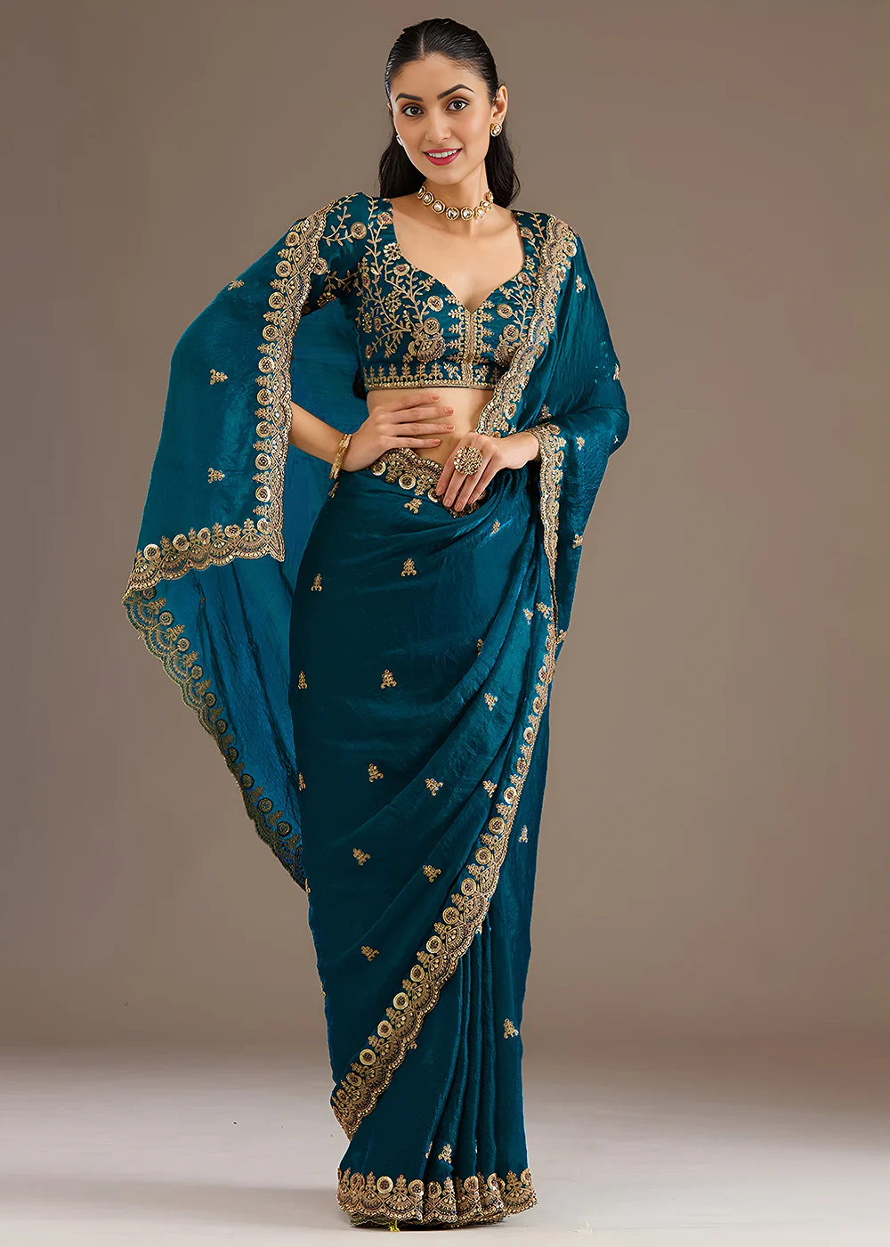 Dove Blue Multiple Sequins Embroidered Wedding Saree - Image 5