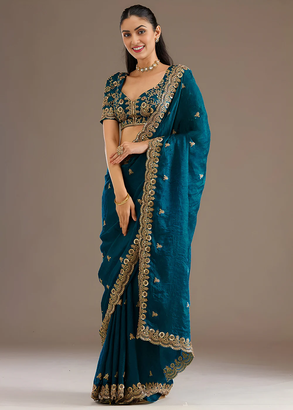 Dove Blue Multiple Sequins Embroidered Wedding Saree - Image 6