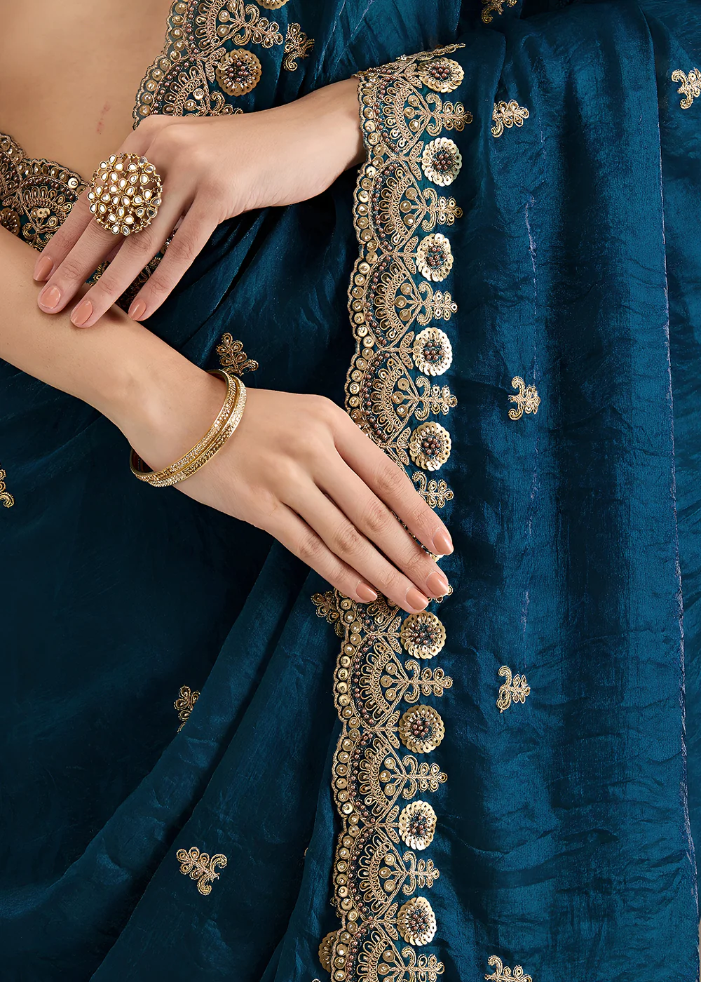 Dove Blue Multiple Sequins Embroidered Wedding Saree - Image 7