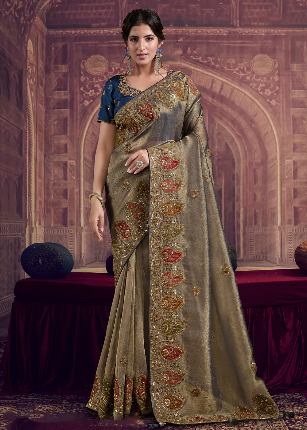 Dreamy Beige Heavy Embroidered Designer Wear Saree