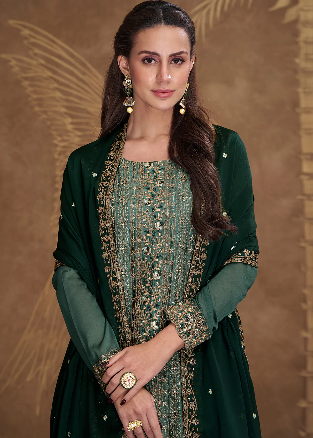 Dreamy Dark Green Embroidered Art Silk Festive Pant Style Suit - Image 2