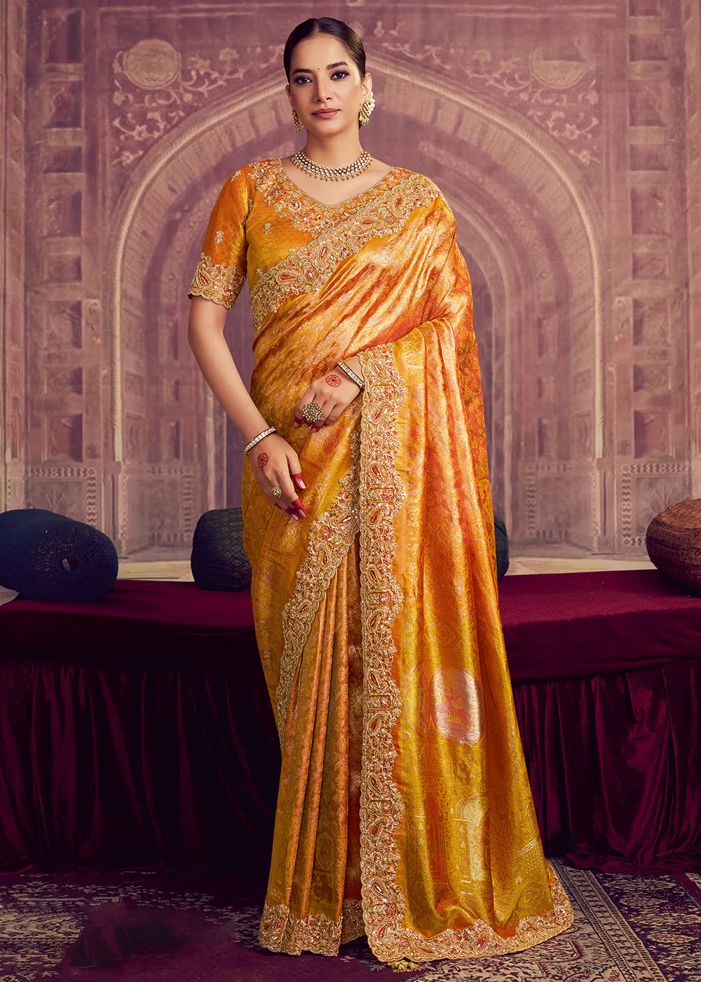 Dreamy Gold Heavy Embroidered Designer Wear Saree