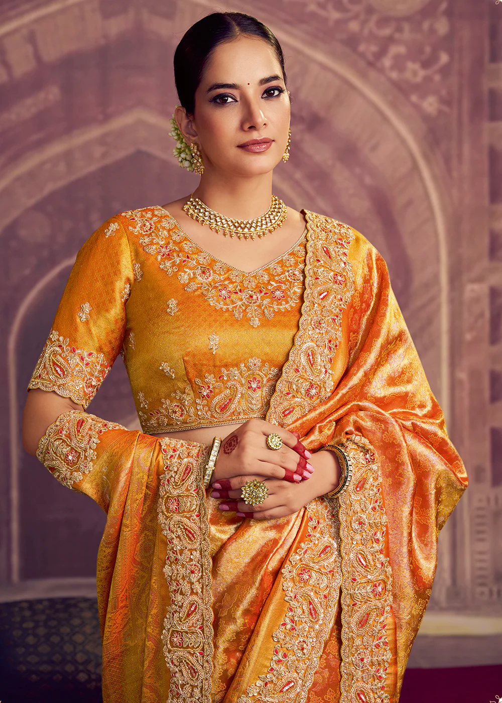 Dreamy Gold Heavy Embroidered Designer Wear Saree - Image 2