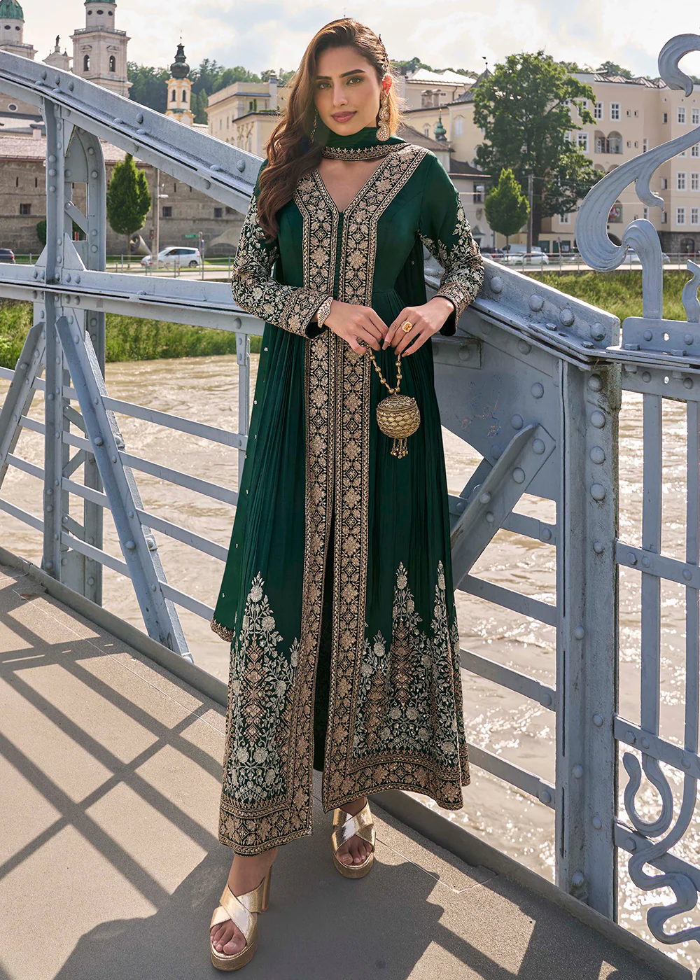 Dreamy Green Embroidered Slit Pant Style Dress