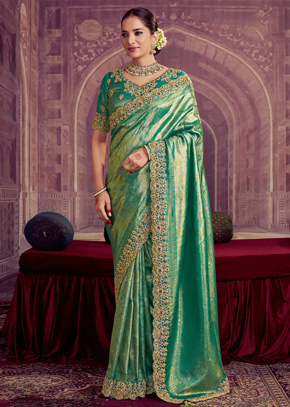 Dreamy Green Heavy Embroidered Designer Wear Saree