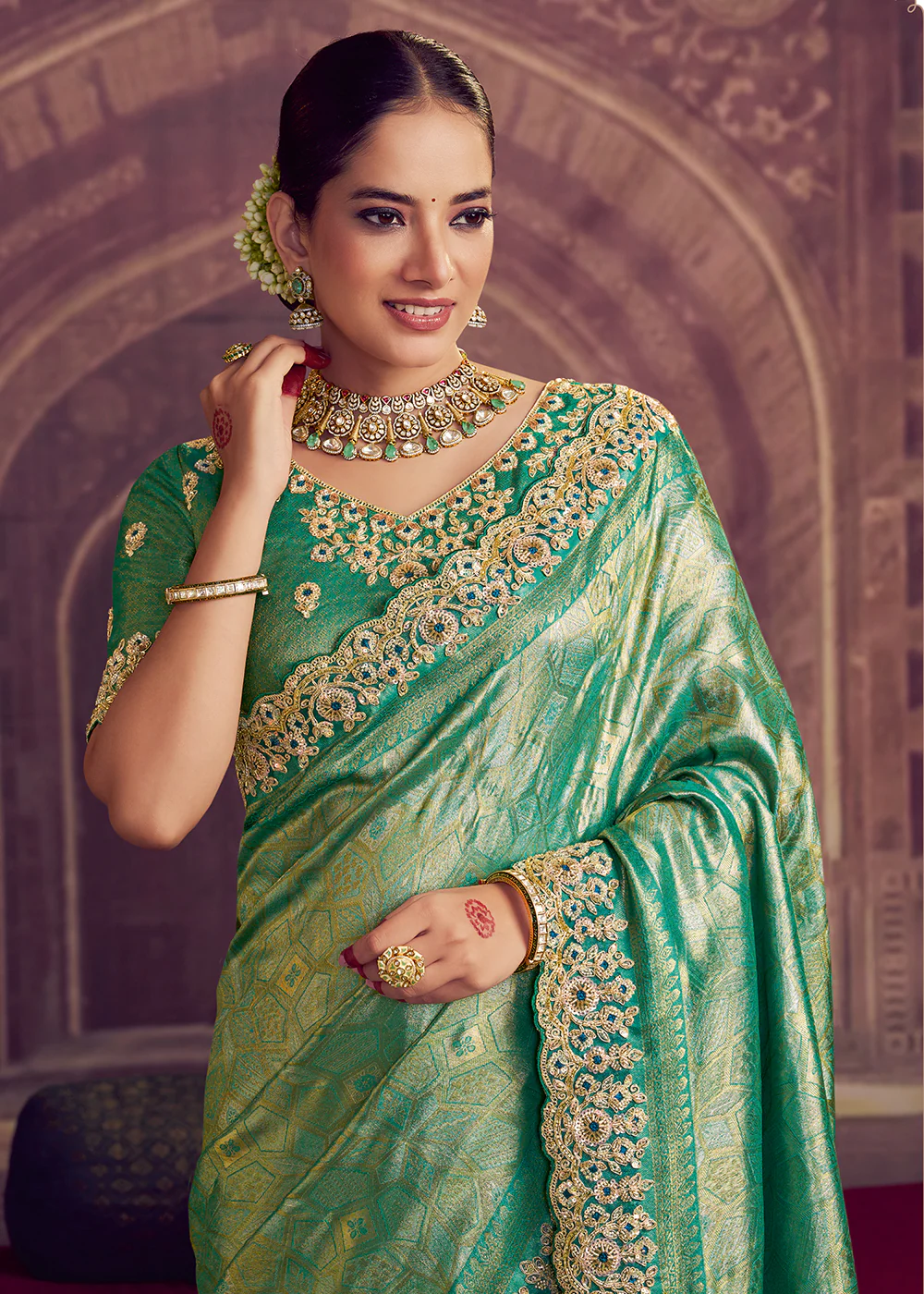 Dreamy Green Heavy Embroidered Designer Wear Saree - Image 2