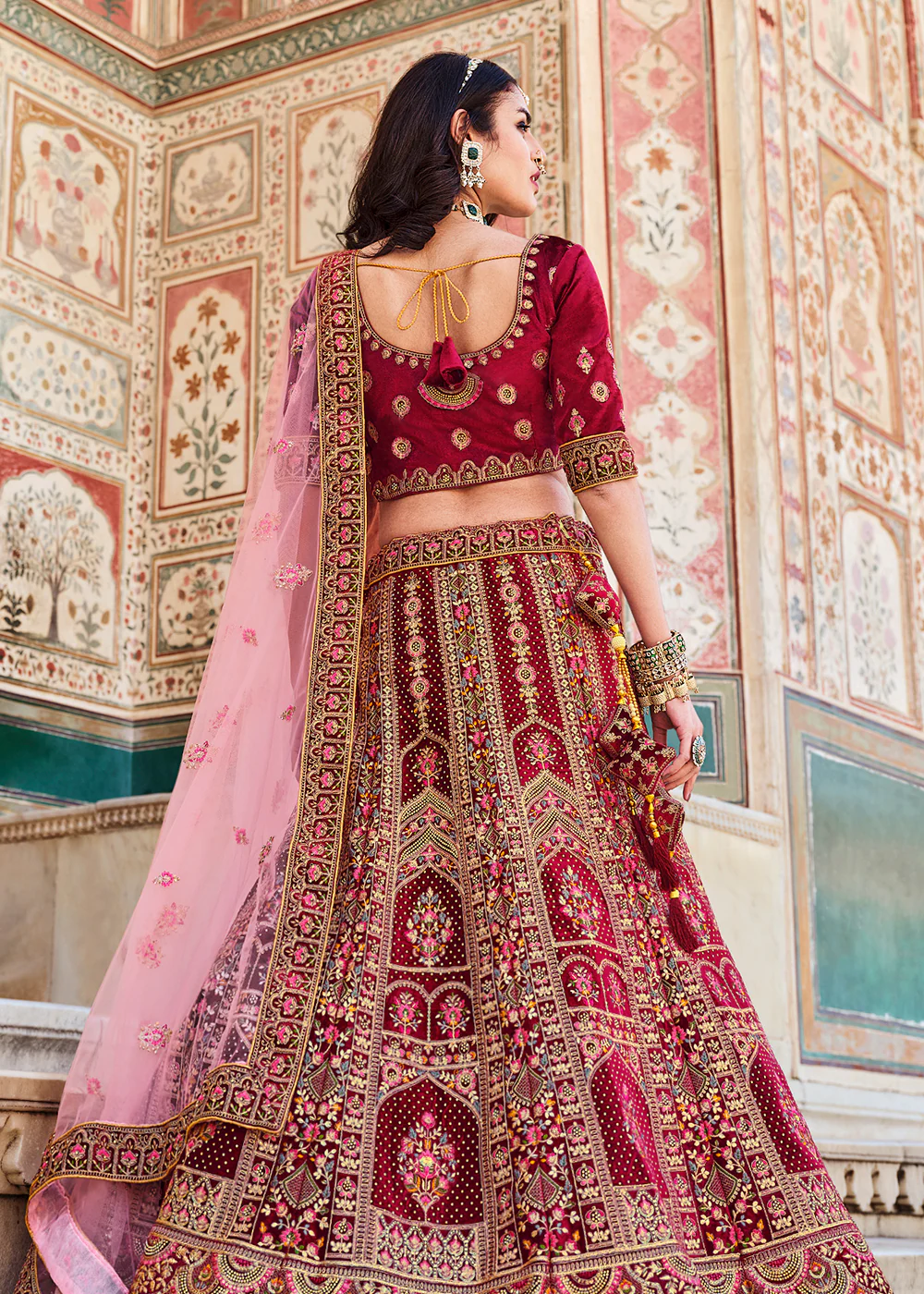 Dreamy Maroon Velvet Dori & Zarkan Work Bridal Lehenga Choli - Image 3