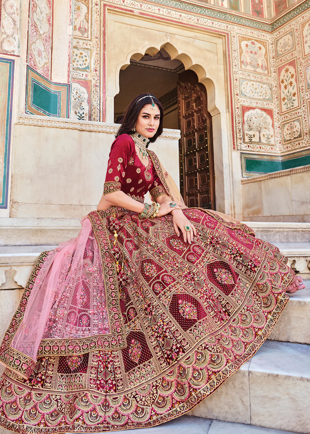 Dreamy Maroon Velvet Dori & Zarkan Work Bridal Lehenga Choli - Image 4