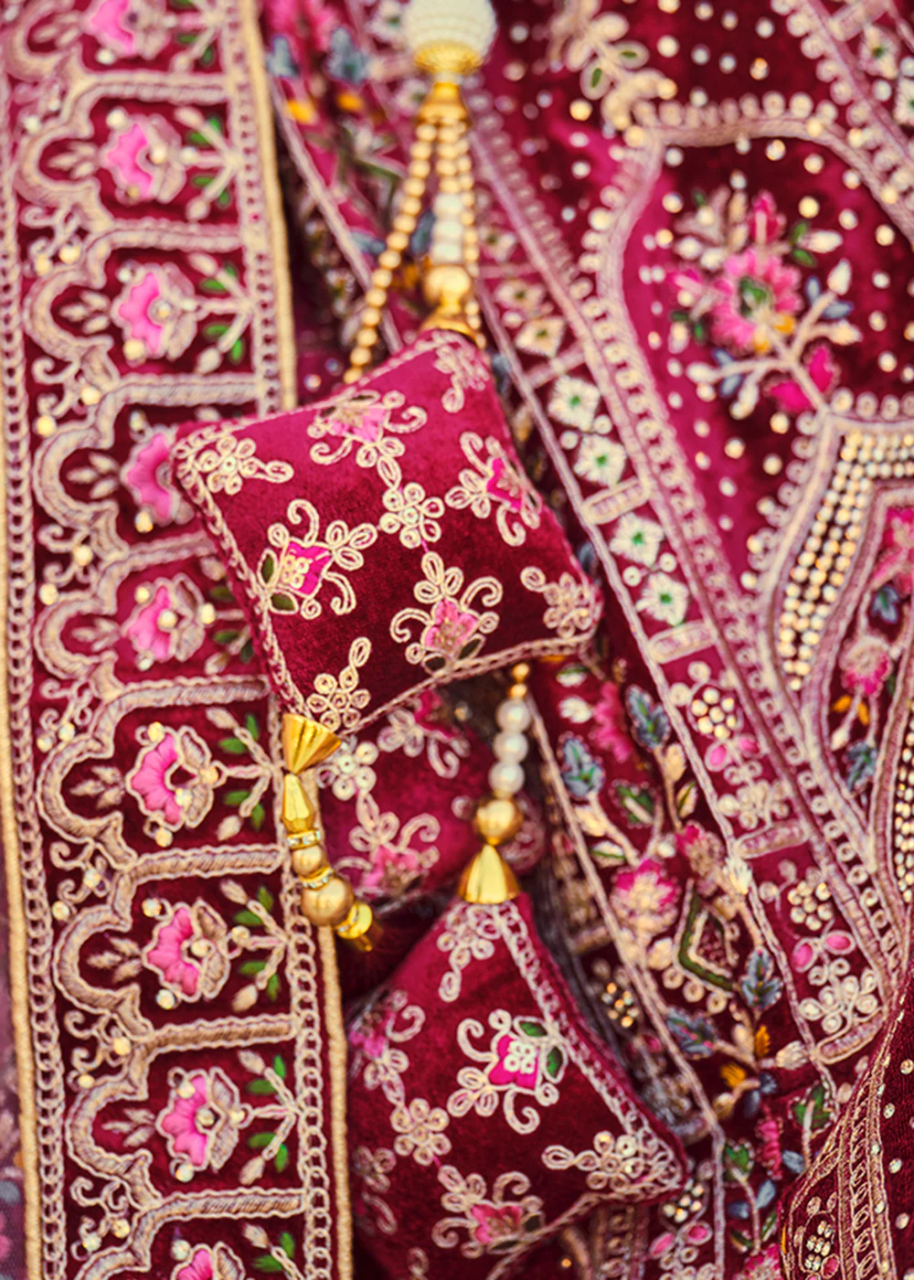 Dreamy Maroon Velvet Dori & Zarkan Work Bridal Lehenga Choli - Image 6