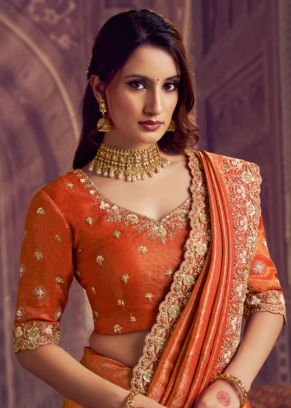 Dreamy Orange Heavy Embroidered Designer Wear Saree - Image 2