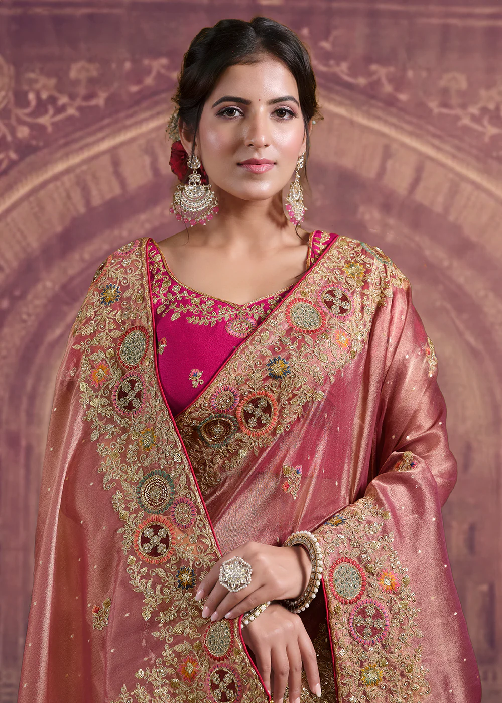 Dreamy Peach Heavy Embroidered Designer Wear Saree - Image 2