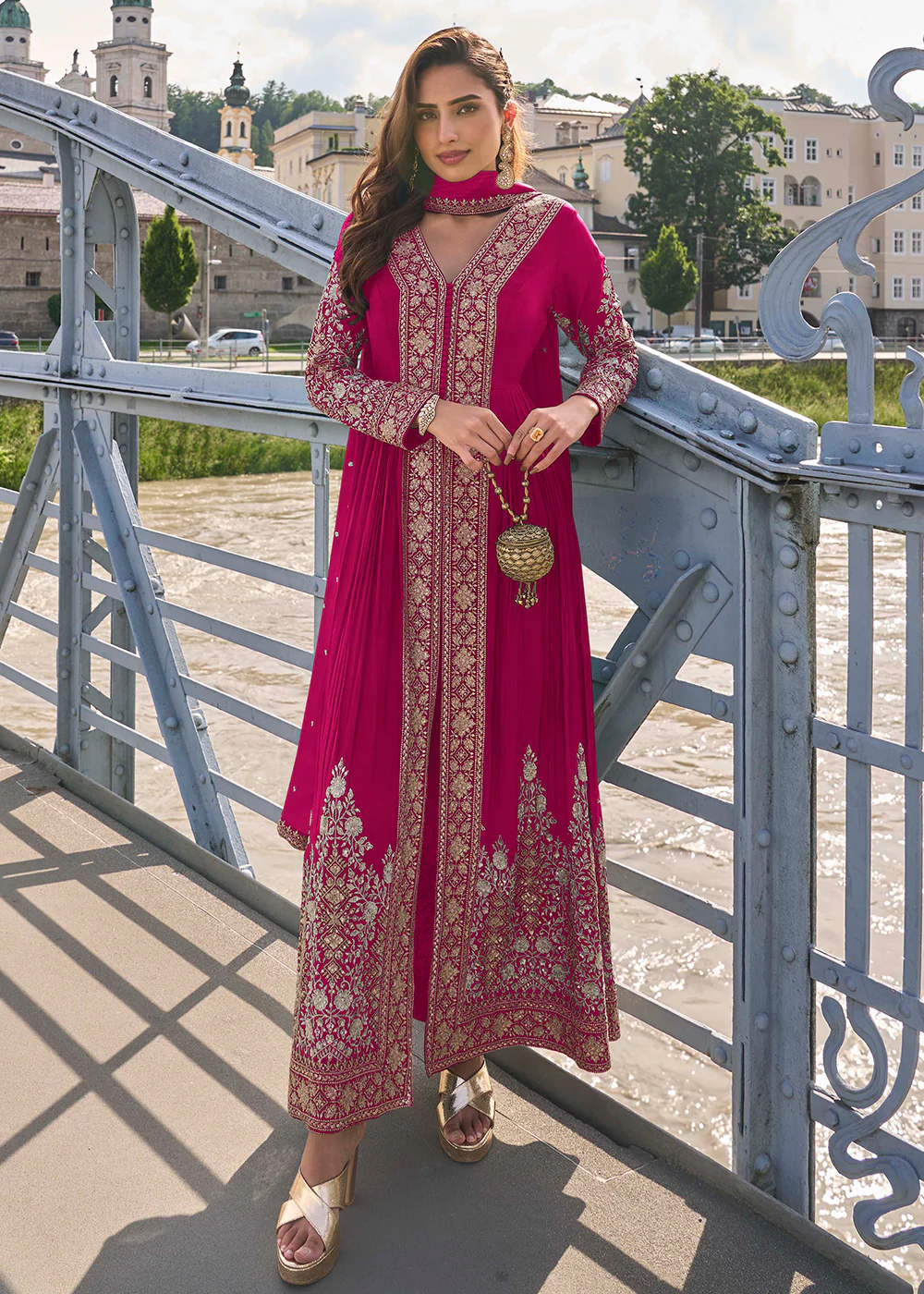 Dreamy Pink Embroidered Slit Pant Style Dress
