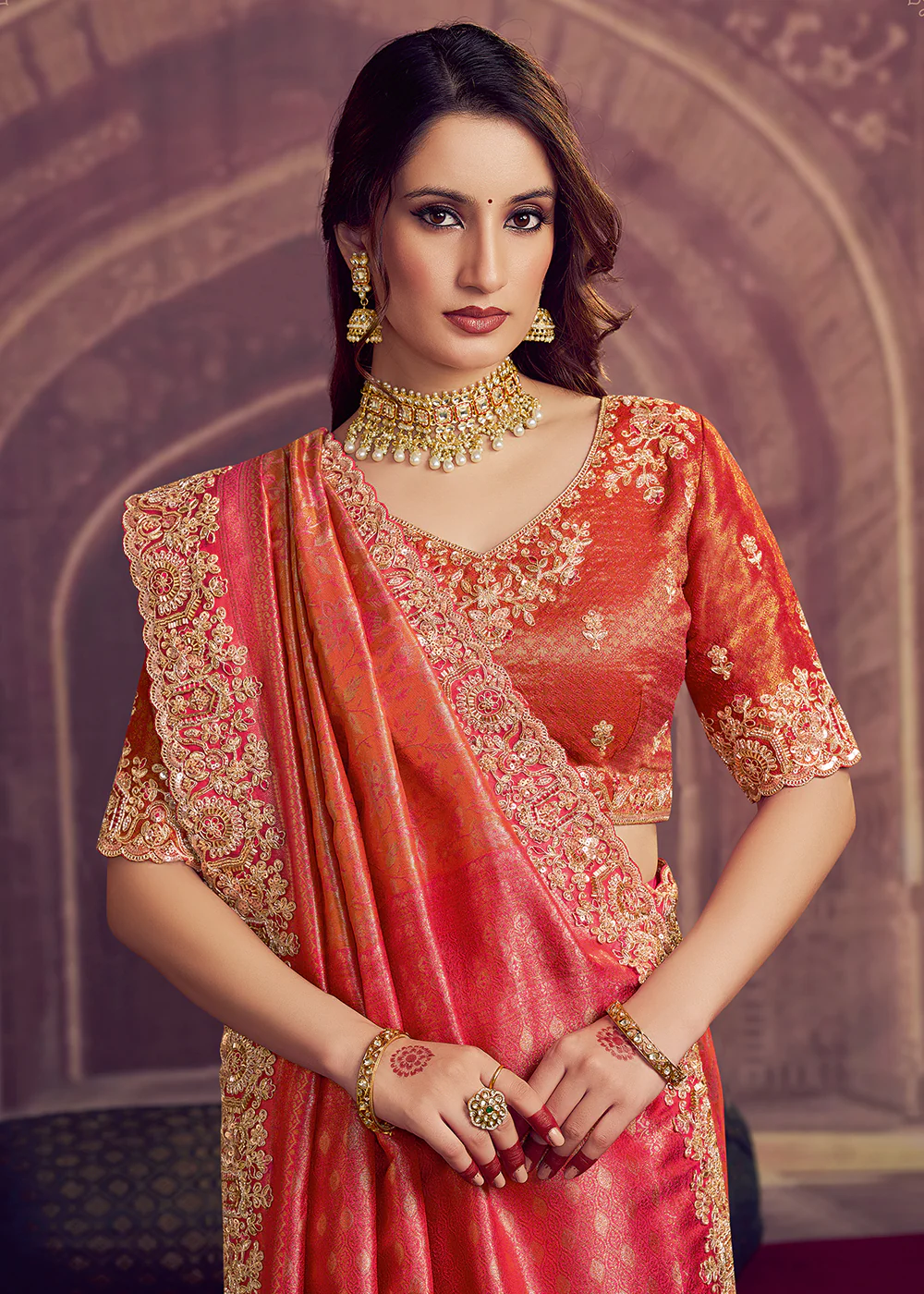 Dreamy Pink Heavy Embroidered Designer Wear Saree - Image 2