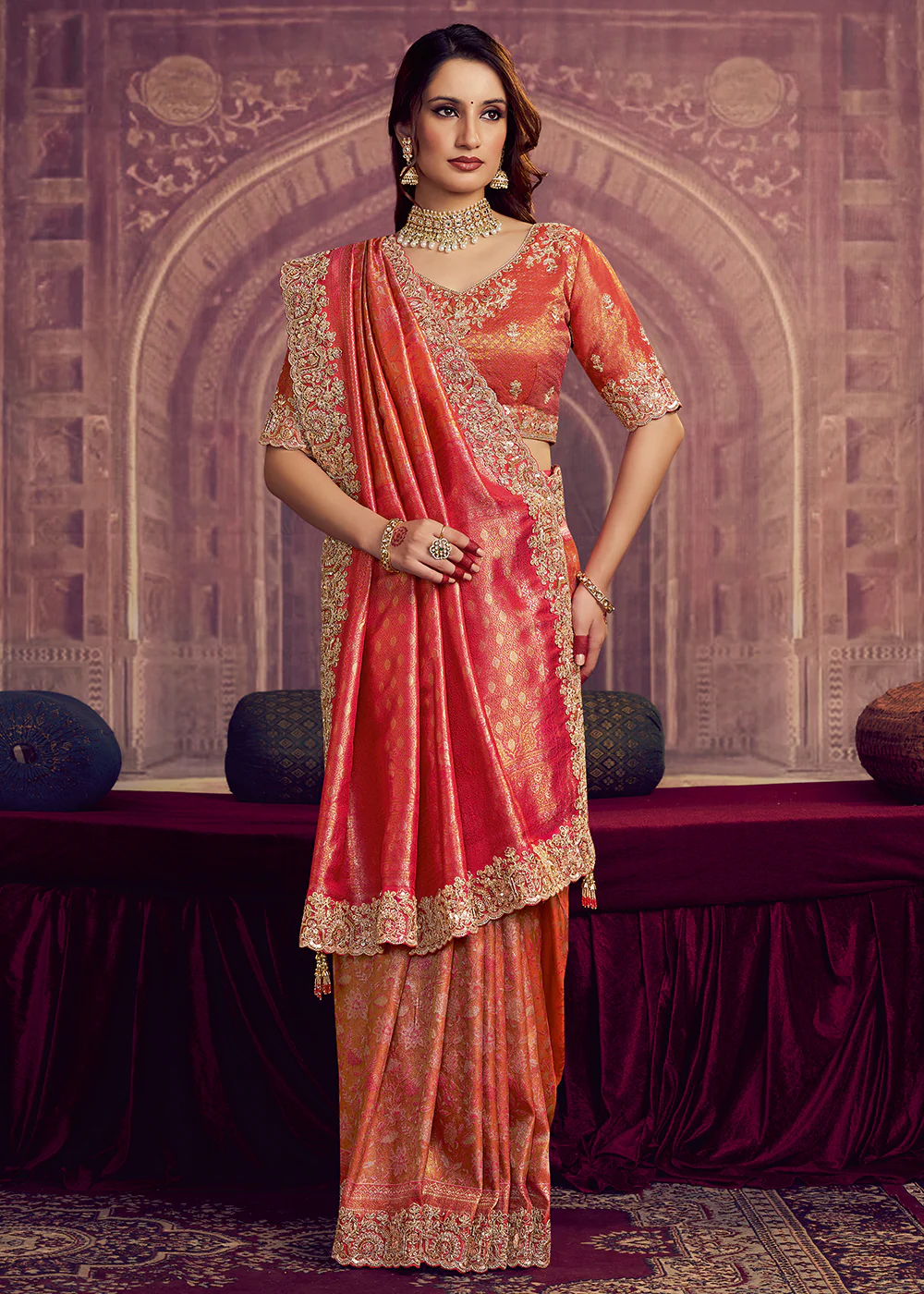 Dreamy Pink Heavy Embroidered Designer Wear Saree - Image 3