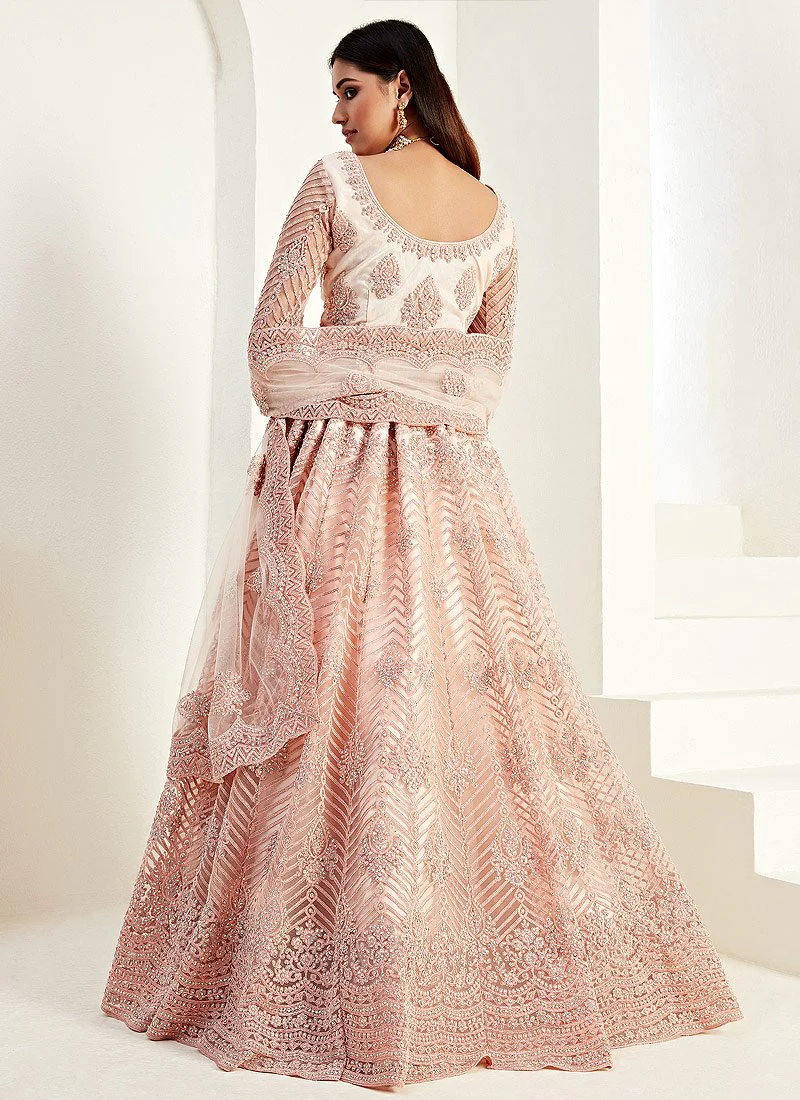 Dreamy Pink Net Embroidered Wedding Lehenga Choli - Image 3
