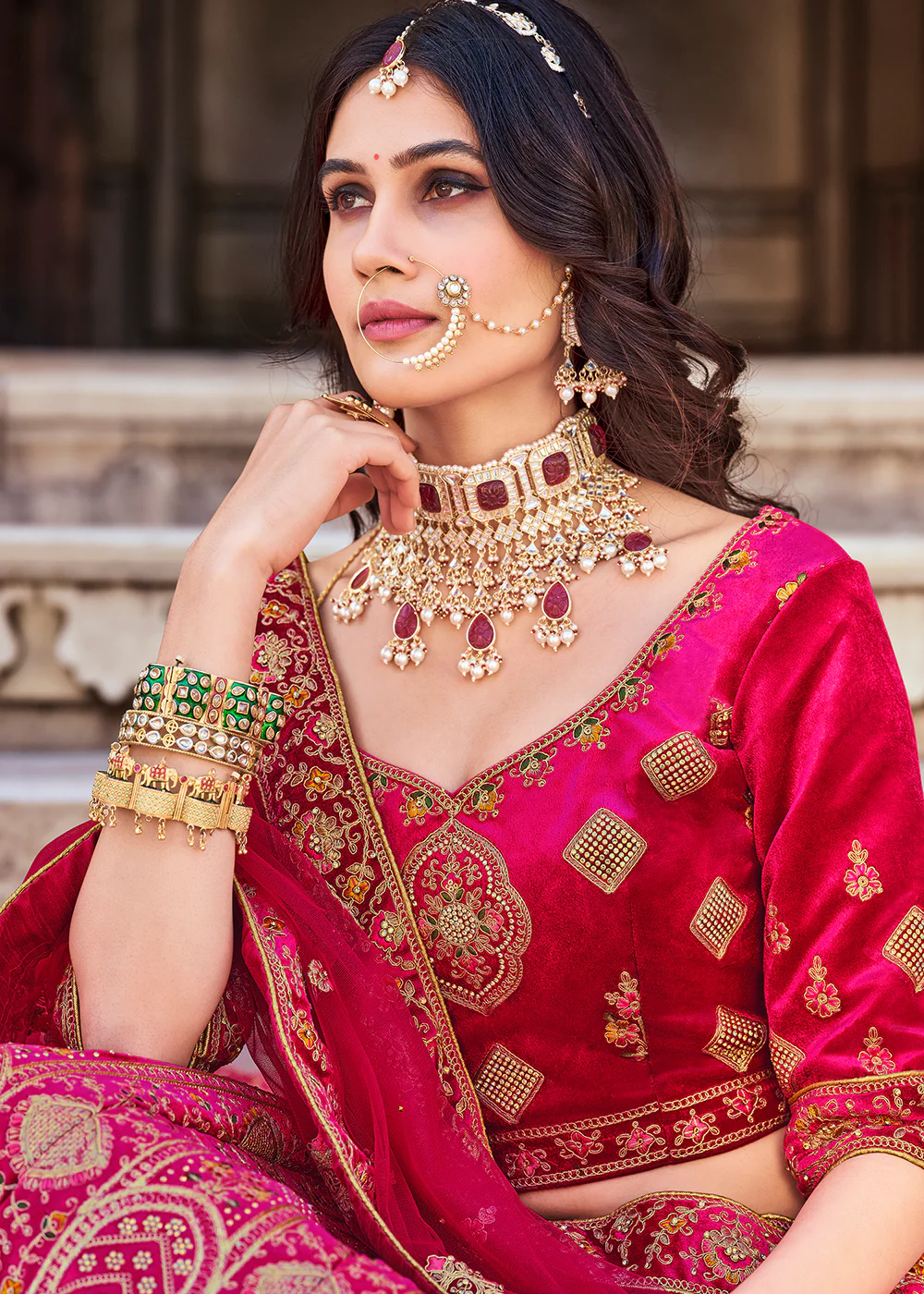 Dreamy Pink Velvet Dori & Zarkan Work Bridal Lehenga Choli - Image 2