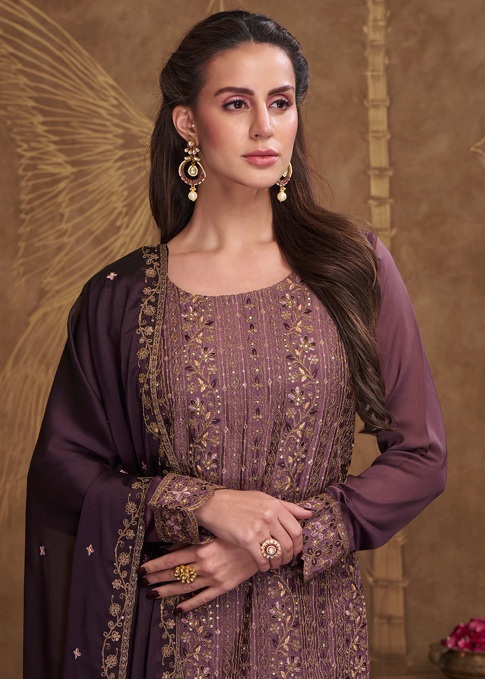 Dreamy Purple Embroidered Art Silk Festive Pant Style Suit - Image 2
