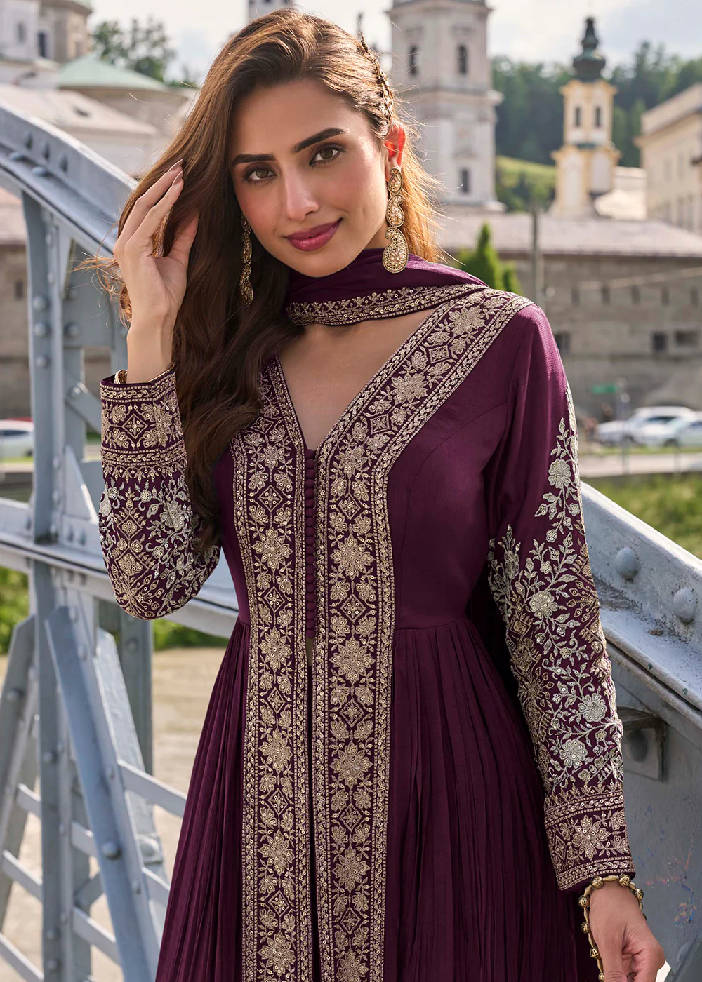 Dreamy Purple Embroidered Slit Pant Style Dress - Image 2